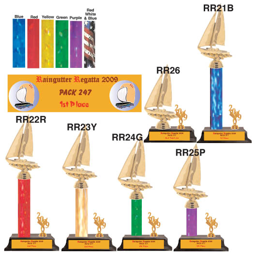 Raingutter Regatta Trophy with Boat and 2002 Emblem #RR21-25NewSeriesClearTrophywith2inchBoatemblemmountedonaRedWhiteandBlueStarsandStripedcolumnwithyear2002emblemandplacingnumber1stthru5thplace.psize=