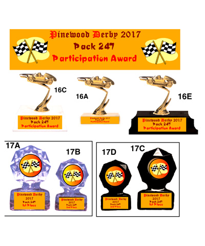 Pinewood Derby Car on base and Round Trophy with Flags #16A17AD